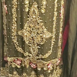 Dark olive heavy georgette with gold work